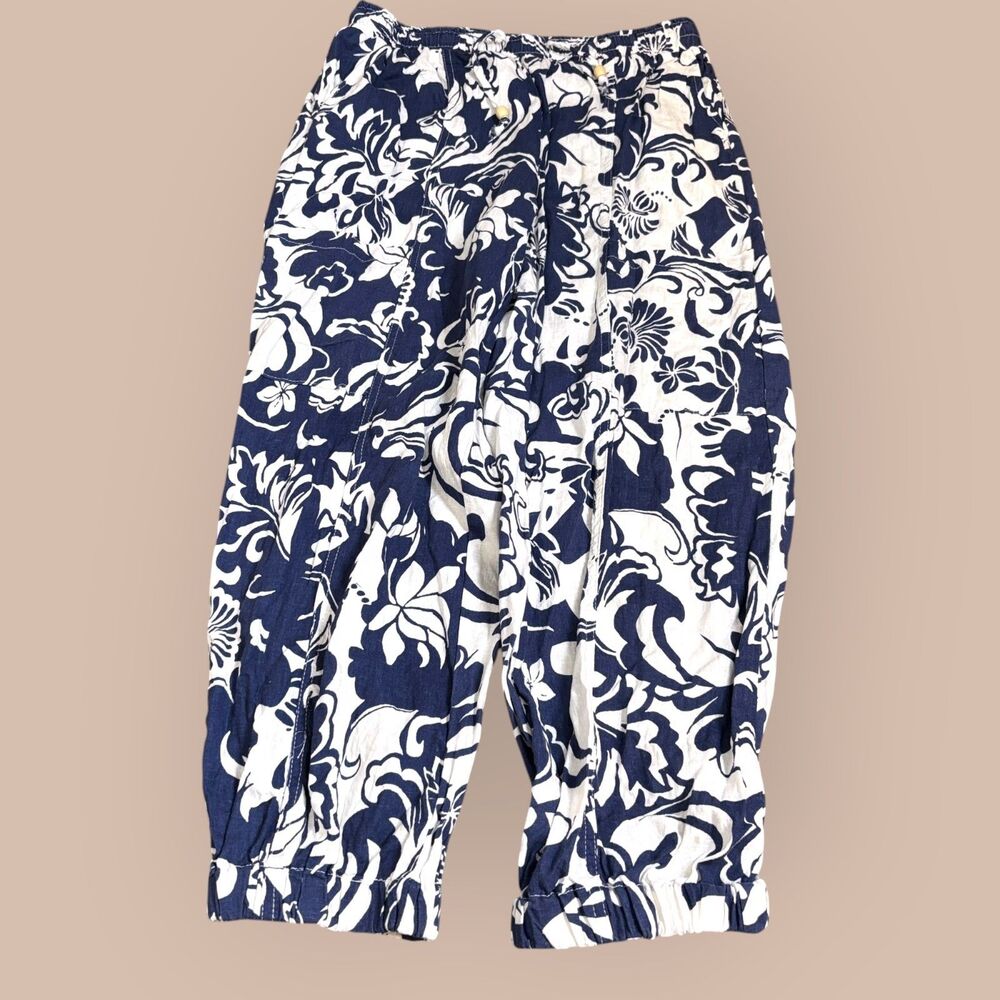 Christian Siriano Pants Women Small Blue White Tropical Floral Summer Drawstring